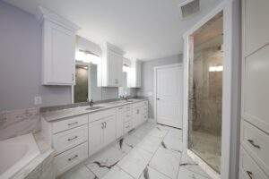 white rustic bathroom cabinets, perfect for a Medina home