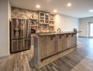neutral colored bar with custom made cabinets